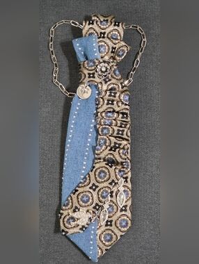 Denim and Gold Embellished Necktie Necklace with Floral Accent